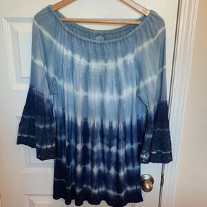 Studio West Blue Ombre Blouse with Lace Sleeves